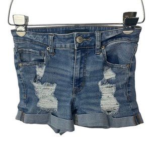 Aero Shorts Womens Size 2‎ Blue High Rise Midi Stretch Denim Distressed